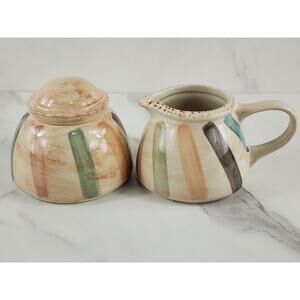 Oneida Teramo Stripes Creamer & Sugar Bowl w/ Lid Stoneware Glazed 1999 Vintage